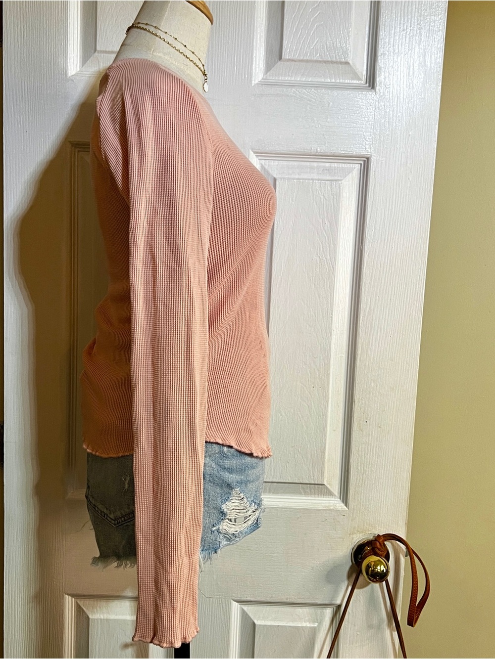 We The Free Wms Powder Pink Cotton Stretch Waffle Knit Thermal Casual Top S - Picture 3 of 9